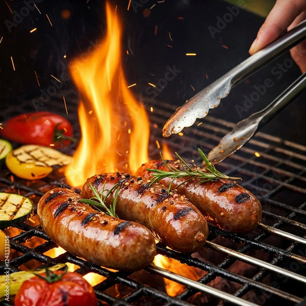 Fototapeta Grilled juicy sausages on a grill with fire. Shallow depth of field