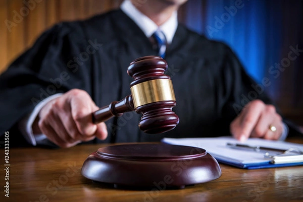 Fototapeta Judge strikes the gavel on the stand.