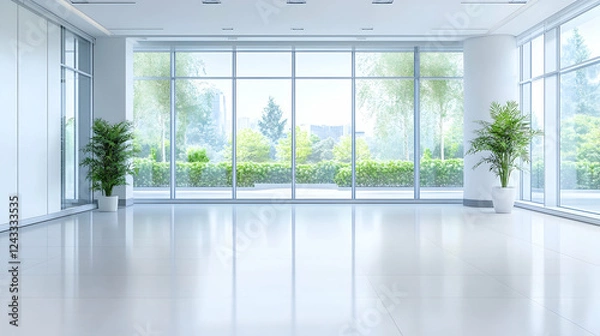 Fototapeta Modern office lobby with large windows, city view, and plants. Ideal for presentations or real estate