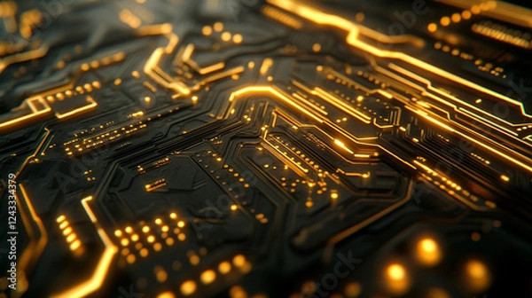 Obraz Intricate gold circuit board design glowing under dramatic lighting, symbolizing modern computing technology and artificial intelligence innovation