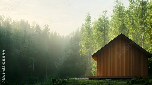 Fototapeta Wooden cabin in misty forest, tranquil morning, architectural design, 3D render, tranquil scene