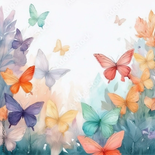 Fototapeta creative seamless border frame of colorful delicate butterflies on white background; concept for cards or backgrounds