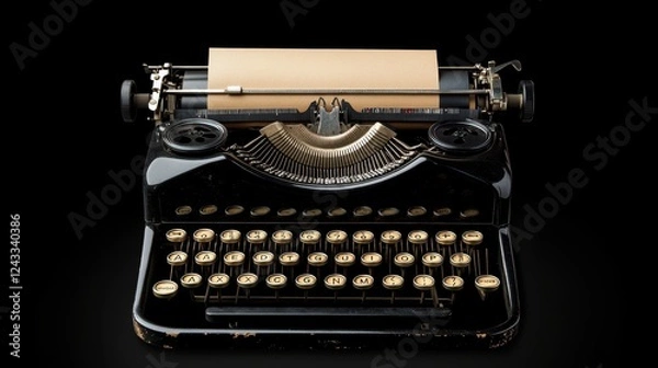 Fototapeta A vintage typewriter sits prominently with a blank sheet of paper against a sleek black background, evoking nostalgia and creativity.