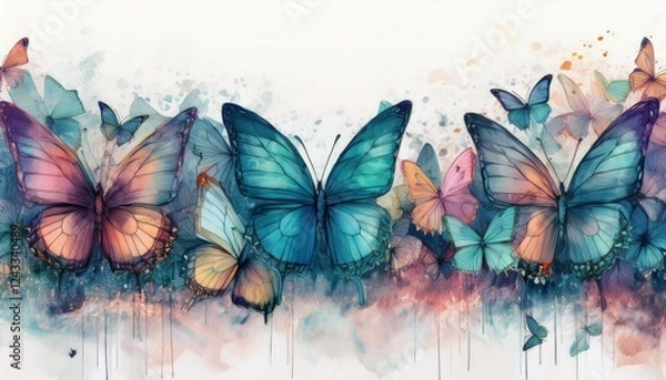 Fototapeta creative seamless border frame of colorful delicate butterflies on white background; concept for cards or backgrounds