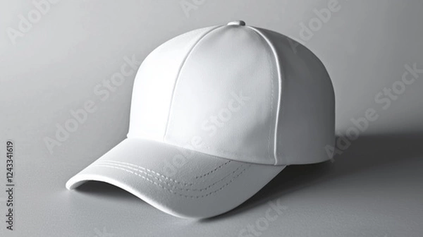 Fototapeta A high-quality white baseball cap mockup on a neutral gray surface. Perfect for branding, promotional designs, or apparel visualization.