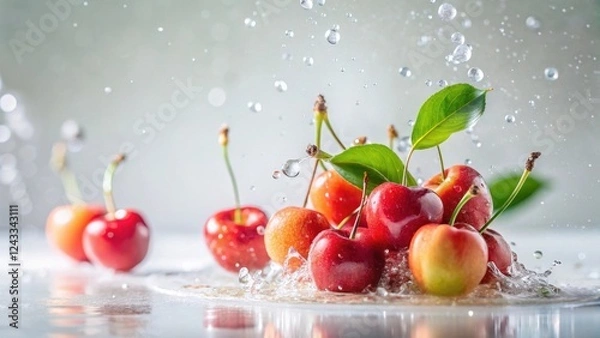 Fototapeta Juicy Red Cherries Splashing in Refreshing Water Droplets, a Vibrant Summer Fruit Scene