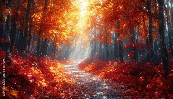 Fototapeta Autumn Path Through a Vibrant Red Forest