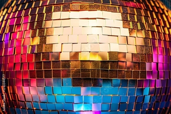 Fototapeta A disco ball is suspended from the ceiling at party, reflecting the lights