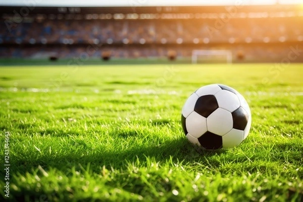 Fototapeta A soccer ball on a green field in soccer football stadium during game