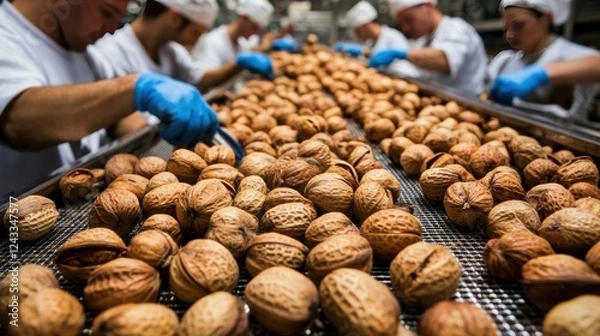 Fototapeta Workers in Blue Gloves Process Walnuts on a Conveyor Belt in a Food Processing Factory