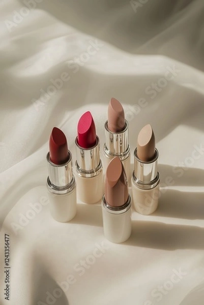 Fototapeta luxury lipsticks in shades of red and nude arranged on white with golden packaging