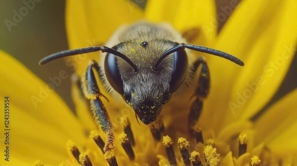 Fototapeta A close-up view of a bee perched on a vibrant yellow flower featuring a distinctive black spot, showcasing nature's intricate beauty and pollination process.