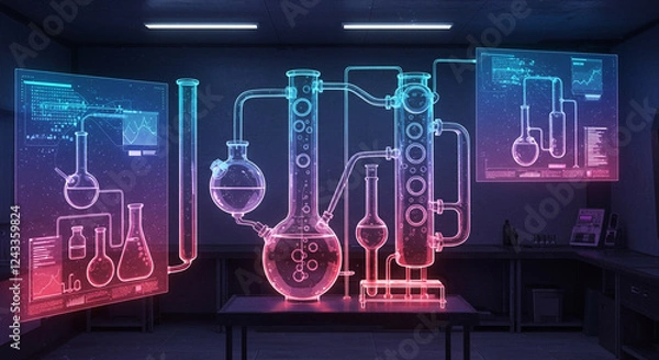 Fototapeta 虹色ホログラフィックディスプレイの近未来的研究室での蒸留過程