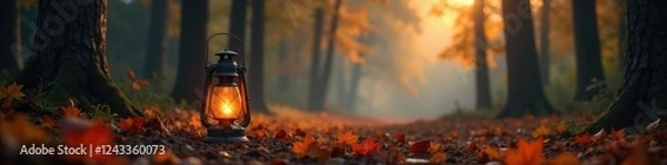 Fototapeta Aromatic smoke rises from a lantern amidst an autumnal landscape, forest, orange smoke, warm