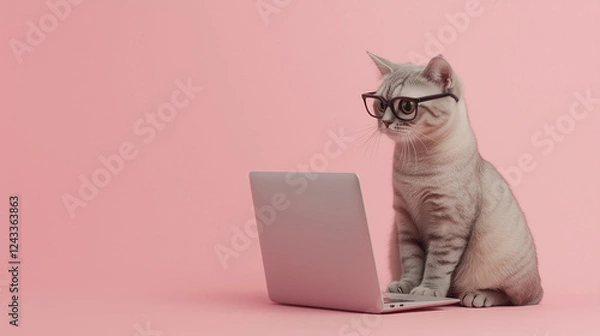 Obraz ピンクの背景でメガネをかけてパソコンに向かうかわいい猫のイラスト