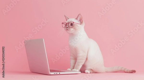 Fototapeta ピンクの背景でメガネをかけてパソコンに向かうかわいい猫のイラスト