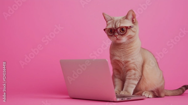 Fototapeta ピンクの背景でメガネをかけてパソコンに向かうかわいい猫のイラスト