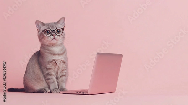 Obraz ピンクの背景でメガネをかけてパソコンに向かうかわいい猫のイラスト