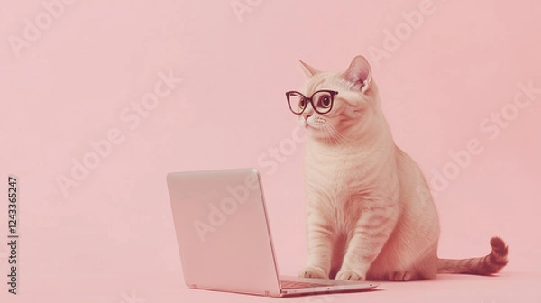 Fototapeta ピンクの背景でメガネをかけてパソコンに向かうかわいい猫のイラスト