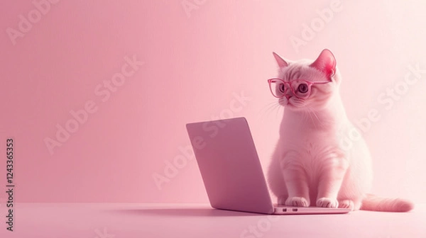 Fototapeta ピンクの背景でメガネをかけてパソコンに向かうかわいい猫のイラスト