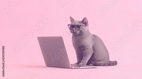 Fototapeta ピンクの背景でメガネをかけてパソコンに向かうかわいい猫のイラスト