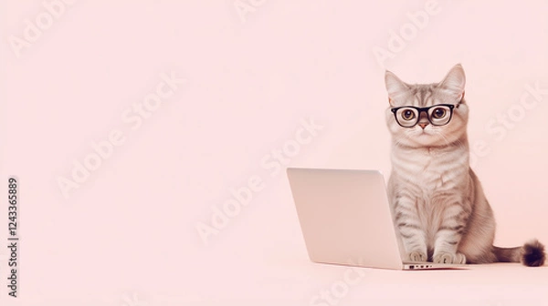 Obraz ピンクの背景でメガネをかけてパソコンに向かうかわいい猫のイラスト