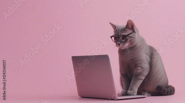 Fototapeta ピンクの背景でメガネをかけてパソコンに向かうかわいい猫のイラスト