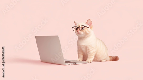 Fototapeta ピンクの背景でメガネをかけてパソコンに向かうかわいい猫のイラスト