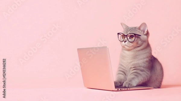 Obraz ピンクの背景でメガネをかけてパソコンに向かうかわいい猫のイラスト