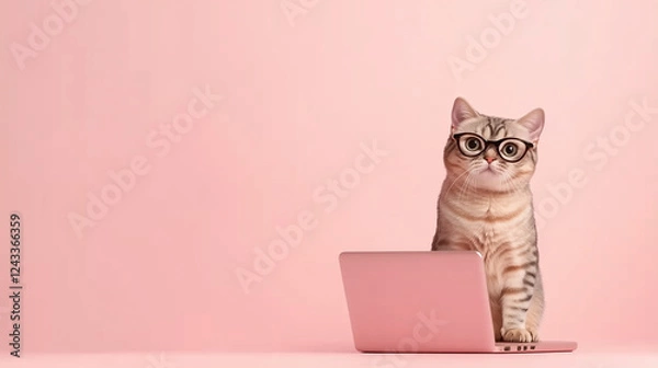 Obraz ピンクの背景でメガネをかけてパソコンに向かうかわいい猫のイラスト
