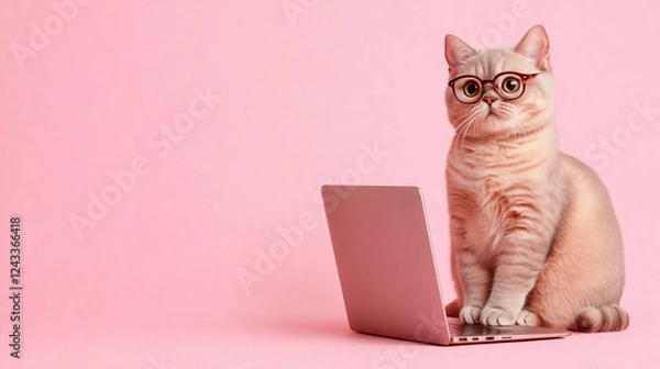 Obraz ピンクの背景でメガネをかけてパソコンに向かうかわいい猫のイラスト