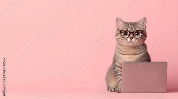 Obraz ピンクの背景でメガネをかけてパソコンに向かうかわいい猫のイラスト