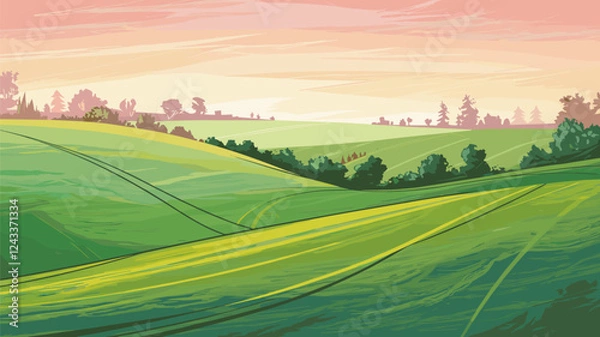 Fototapeta Green Fields with Distant Mountains Landscape