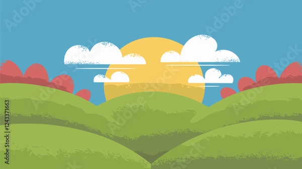 Fototapeta Rolling Green Hills with Sun and Clouds