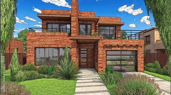 Obraz Modern Brick House with Landscaped Front Yard