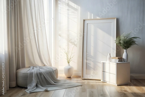 Fototapeta A serene interior space featuring soft curtains, a minimalist frame, a decorative plant, and natural light illuminating wooden floors.