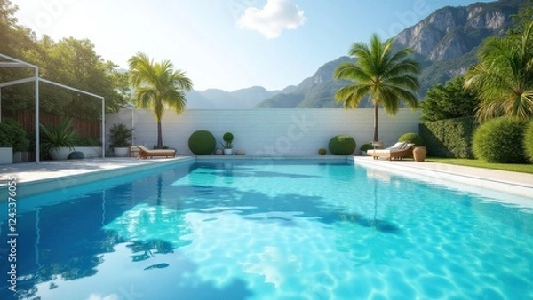 Obraz A serene swimming pool surrounded by lush greenery and mountains, perfect for relaxation and leisure.