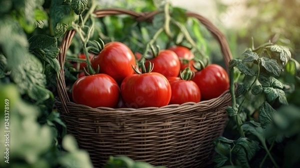 Fototapeta Freshly harvested tomatoes in a basket surrounded by lush green foliage under warm sunlight. Generative AI