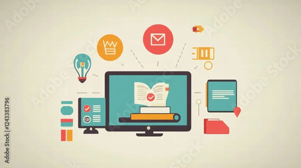 Fototapeta vibrant infographic illustrating benefits of e learning, featuring computer screen with educational icons like books, light bulbs, and checkmarks. This design emphasizes modern learning tools and