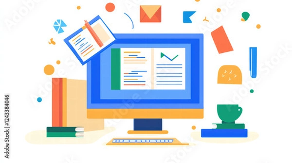 Obraz vibrant online course catalog displayed on computer, surrounded by colorful icons representing learning materials and tools, creating engaging educational atmosphere