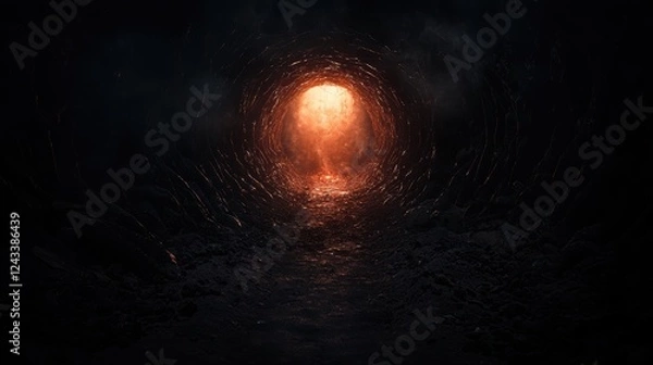 Fototapeta Mysterious Open Passageway Illuminated by Fiery Light at the End of a Dark Tunnel