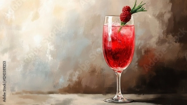 Fototapeta Sparkling raspberry cocktail served in a flute garnished with fresh raspberries and a sprig of rosemary