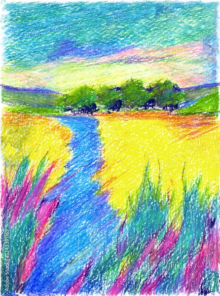 Fototapeta Oil pastel illustration of a yellow wheat field and a distant line of green trees on the horizon (This illustration was drawn by hand without the use of generative AI!)