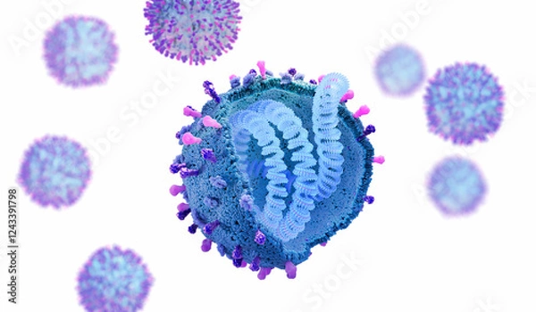 Fototapeta Respiratory syncytial virus (RSV) with its envelope proteins, nucleocapsid and the RNA inside. The RSV virus can cause respiratory infections. 3d illustration.