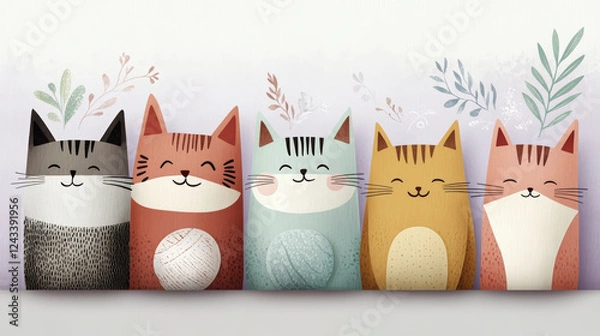 Fototapeta Adorable cartoon cats illustration, featuring five smiling felines with charming designs. Perfect for cat lovers seeking cute decor.
