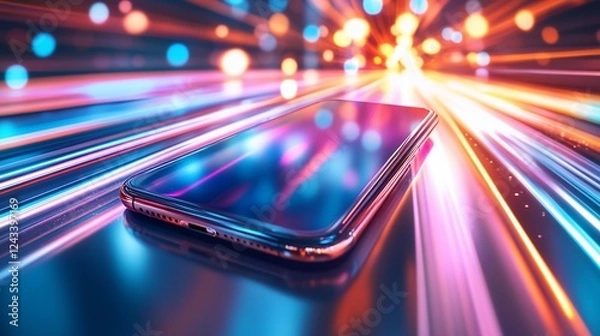 Obraz Phone on neon highway; speed, future tech
