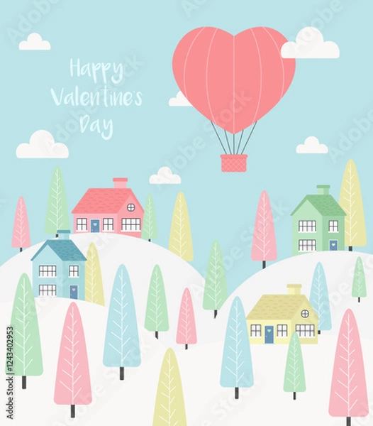 Obraz Minimalistic Valentine's Day card. Village with houses and flying hot air balloon. Vector flat illustration