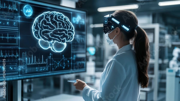 Obraz futuristic cyborg girl in tech lab examines electronic brain display, showcasing advanced technology and data analysis. atmosphere is innovative and high tech
