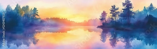 Fototapeta Colorful sunset over tranquil river with silhouetted trees and serene reflections in watercolor style