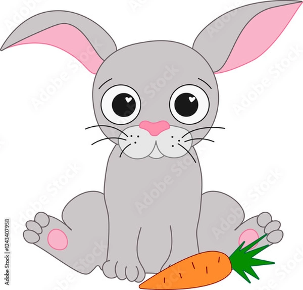Fototapeta Cartoon happy rabbit bunny with a carrot, cute graphic line vector illustration. Chinese new year 2035 Rabbit lunar lantern festival